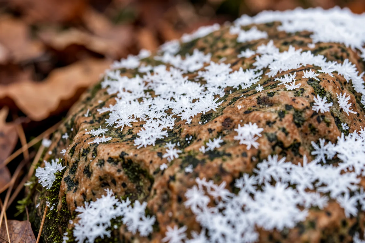 Lähikuva ensilumen peittämästä graniittikivestä, joka kuvastaa maalämmön geologista perustaa.