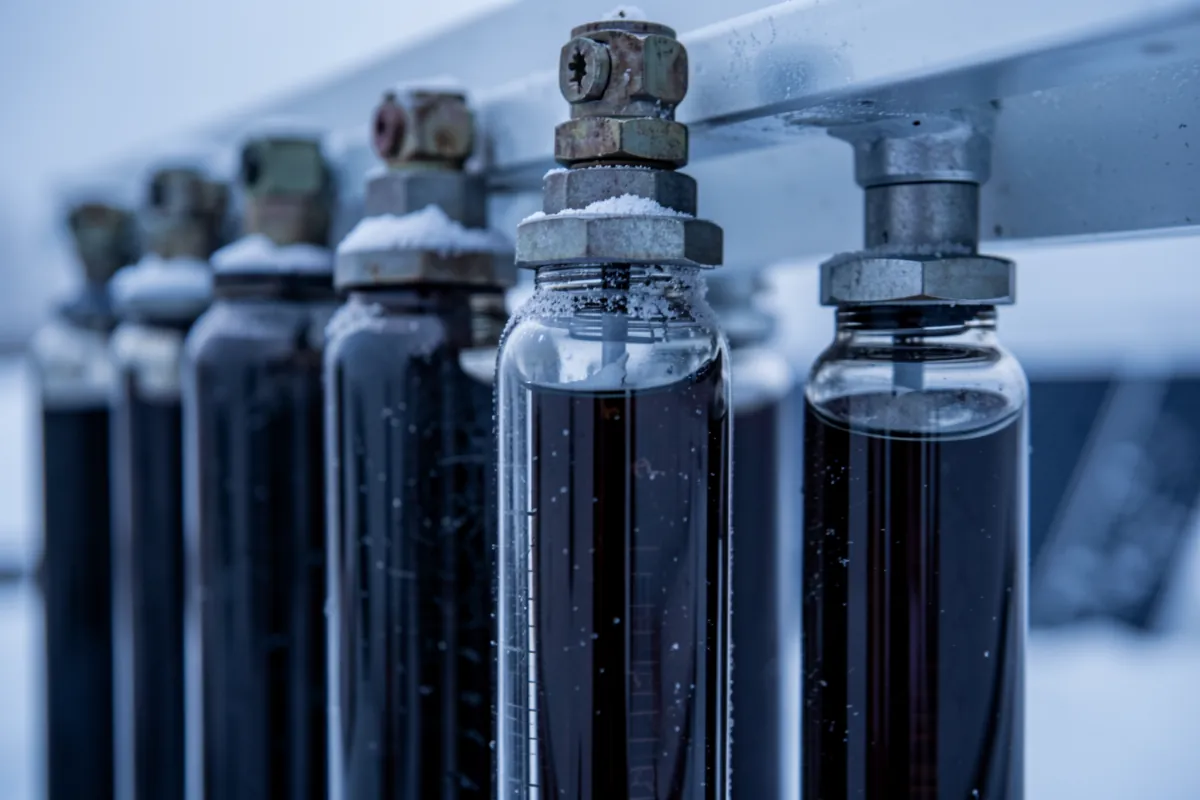 Tyhjiöputkikeräimen pinta kylmässä aamunvalossa.