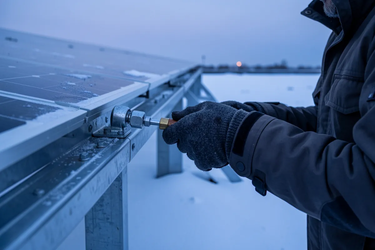 Ammattilainen kiristämässä aurinkopaneelin kiinnitystä talvella.