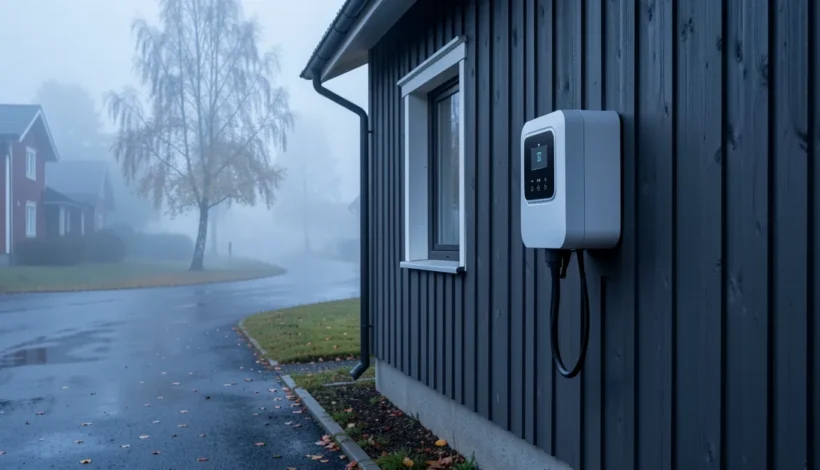 Moderni sähköauton latausasema kotiin kiinnitettynä omakotitalon seinään syksyisessä säässä.