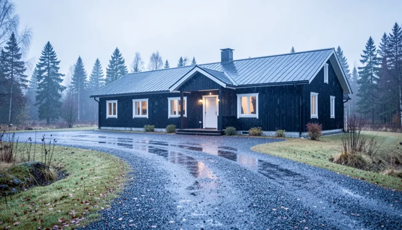 Omakotitalon piha syksyllä, jossa maalämpö hinta on yksi energiatehokkaan asumisen tekijöistä.