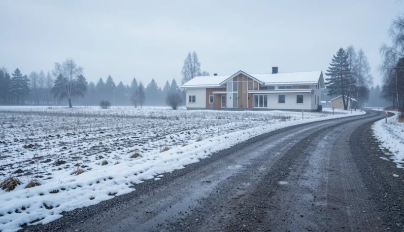 Poistoilmalämpöpumppu asennettuna moderniin pientaloon suomalaisessa talvimaisemassa.