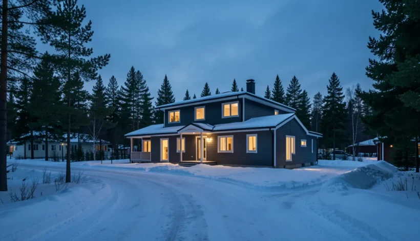 Moderni omakotitalo talvi-iltana, jossa maalämpö tuottaa energiatehokasta lämpöä.