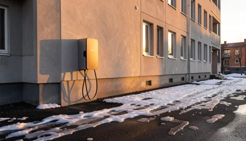 Sähköauton latauspisteet sijaitsevat kerrostalon seinustalla sulavan lumen keskellä.