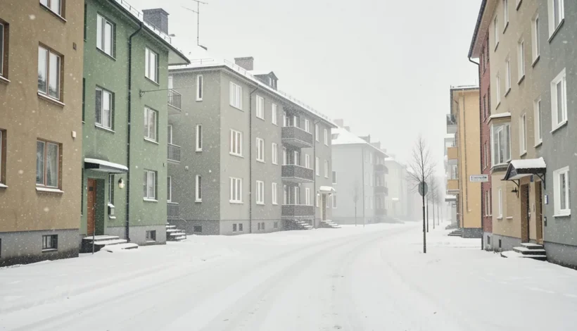 Lumipintainen kaupunkikatu, jossa näkyy kerrostaloja. Energiatodistusrekisteri auttaa vertailussa.