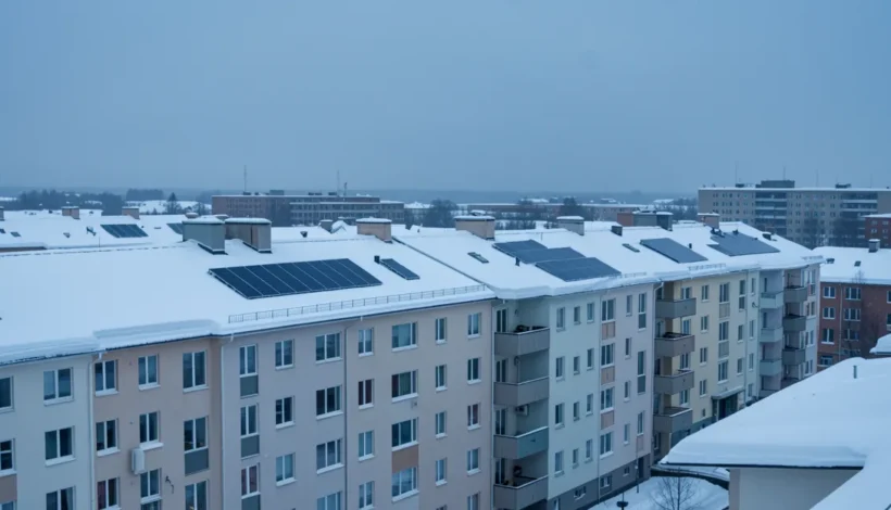 Aurinkopaneelit asennus kerrostalon katolle talvisessa kaupunkiympäristössä.