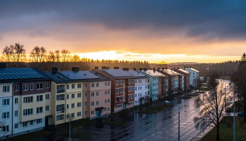 Aurinkopaneelit huolto ja kunnossapito kerrostalon katolla syksyisessä illassa.