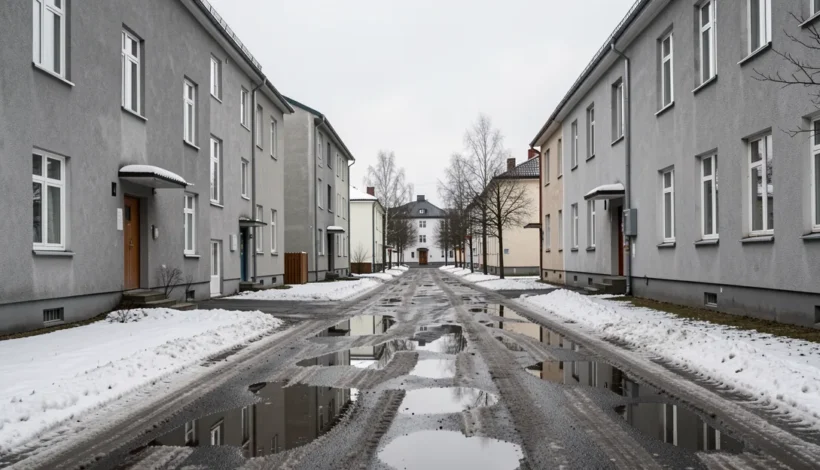 Pellettilämmitysjärjestelmä asennettuna tyypilliseen suomalaiseen kaupunkiympäristöön talvella.