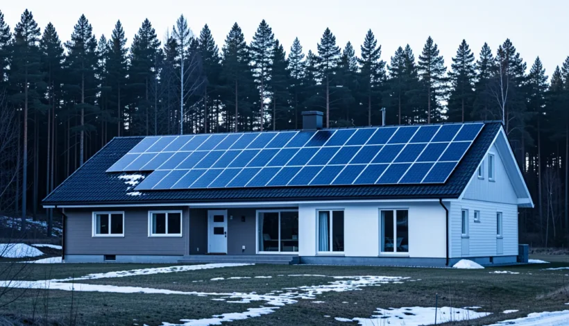 Moderni omakotitalo ja aurinkosähköjärjestelmä keväisessä metsämaisemassa.