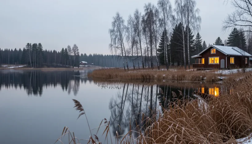 Rauhallinen järvimaisema ensilumen aikaan; täydellinen ympäristö, jossa paras maalämpöpumppu toimii.