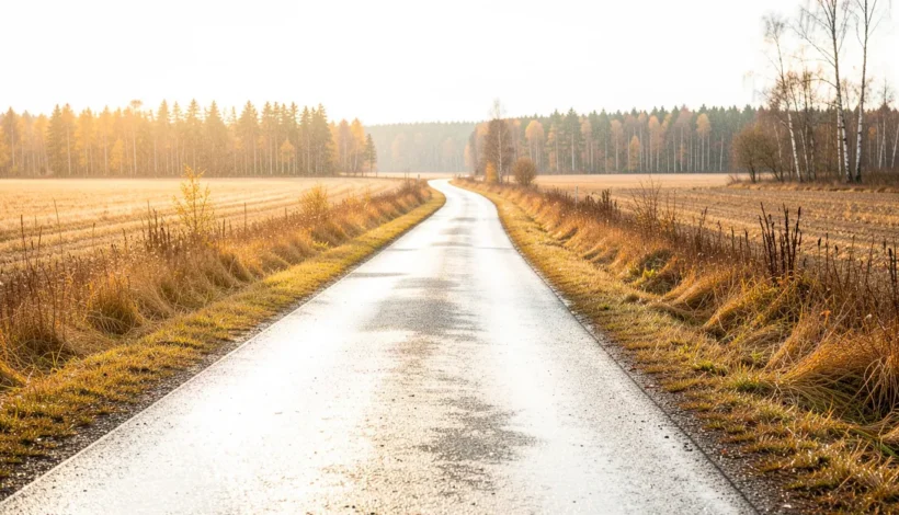 Sateinen maalaistie syksyllä, kaukolämpö kulutus ja lämmityksen tehostaminen mielessä.