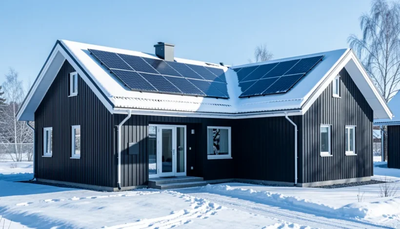 Moderni omakotitalo, jossa on aurinkopaneelit. Paras maalämpöpumppu patteriverkostoon valitaan huolella.