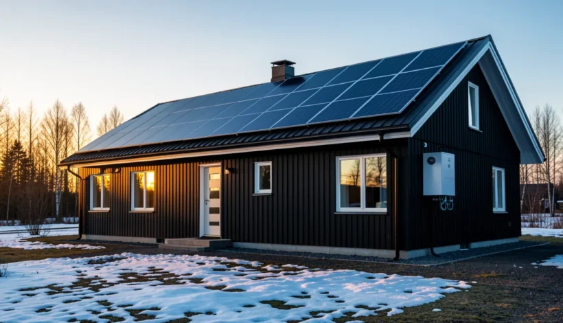 Moderni omakotitalo, jossa on aurinkopaneelit ja lämpöpumppu – 10 kw aurinkosähköjärjestelmä hinta.