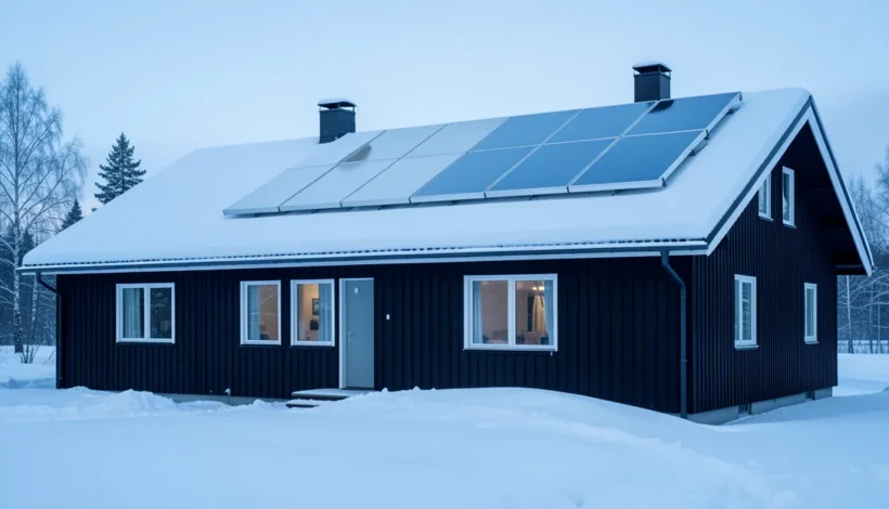 Aurinkokeräin modernin suomalaisen omakotitalon katolla talvisessa maisemassa.