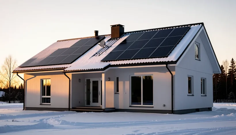 Moderni pientalo ja aurinkopaneelit lumisena; pellettilämmitys hinta riippuu elinkaarikustannuksista.