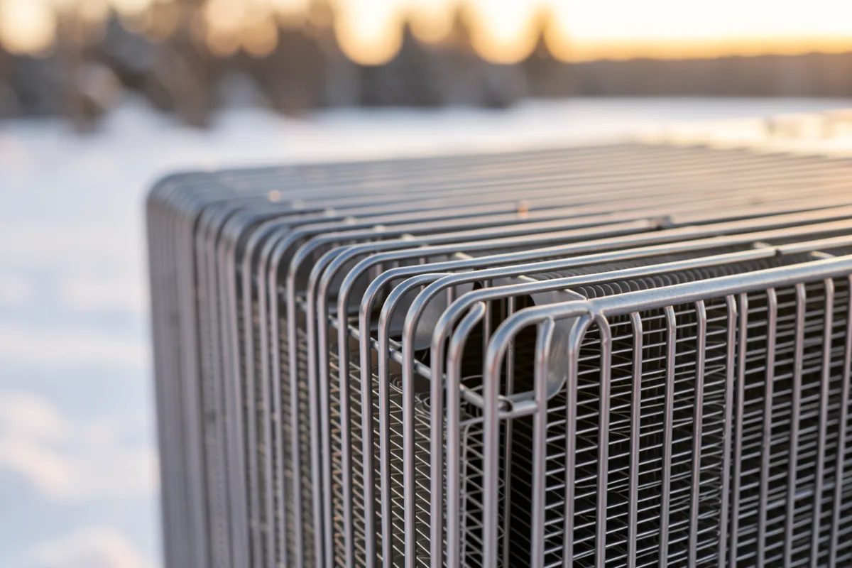 Lämpöpumpun puhtaat metalliset lamellit lähikuvassa.