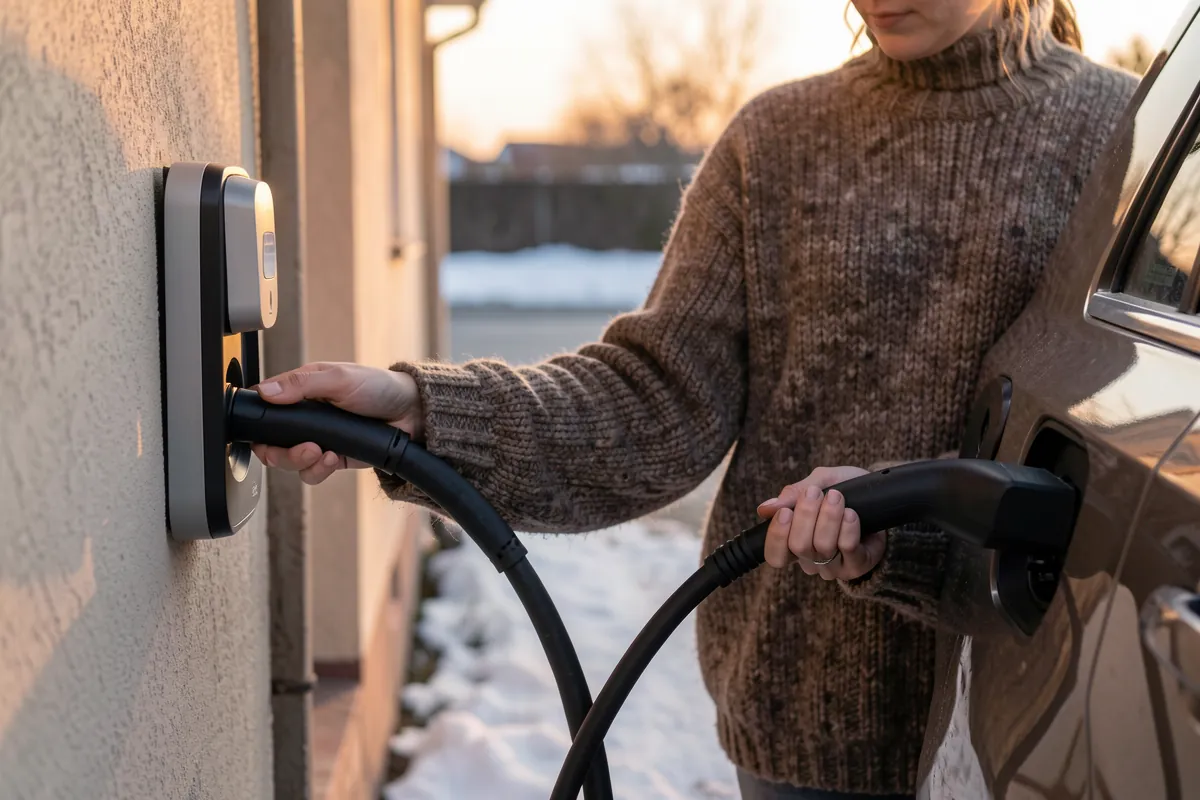 Henkilö kytkemässä sähköauton latauskaapelia kotona.