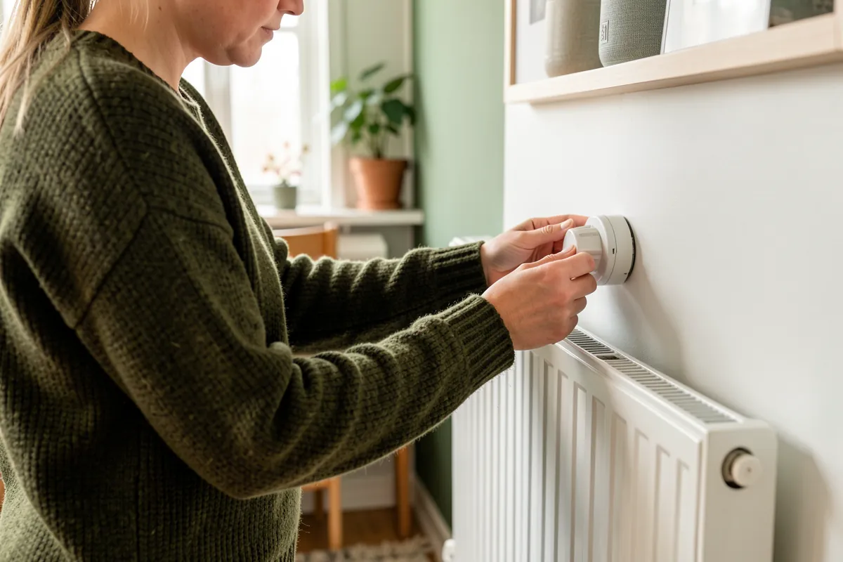 Henkilö säätämässä patterin termostaattia kodin lämmityksen tehostamiseksi.