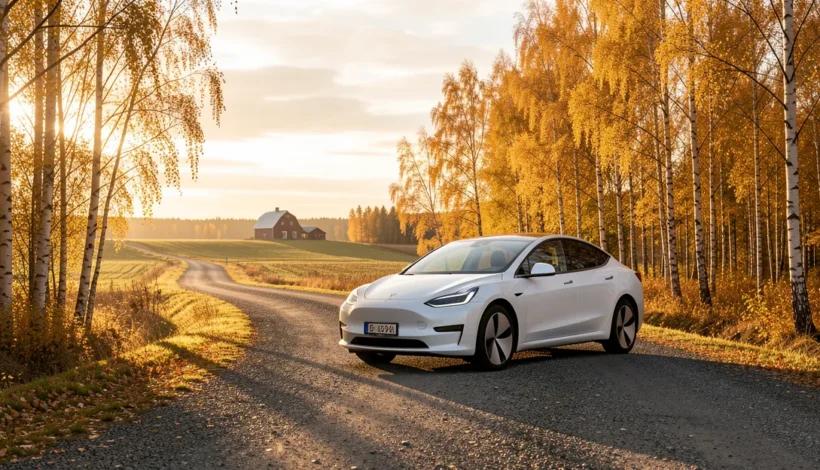 Sähköauto pysäköitynä maalaistielle aurinkoisena syysiltana; paljonko sähköauton lataus maksaa kotona.