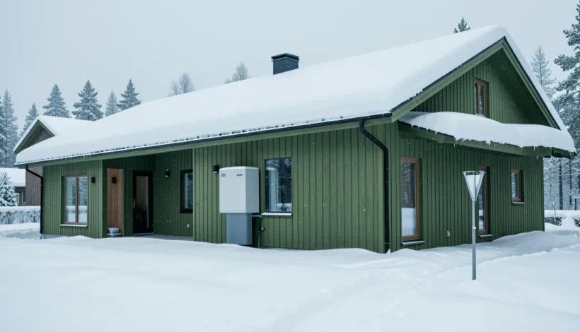 Moderni omakotitalo talvella, jossa näkyy kotitalousvähennys ilmalämpöpumpun asennus.