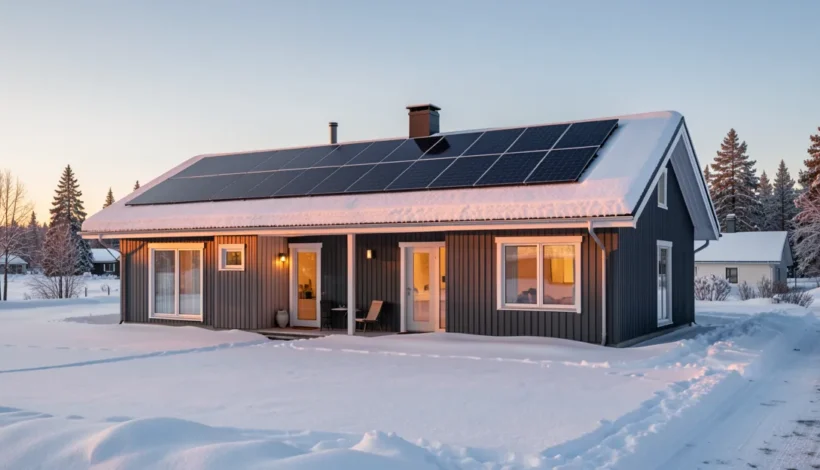 Miten ilmalämpöpumppua kannattaa käyttää talvella: energiatehokas koti talvi-iltana.