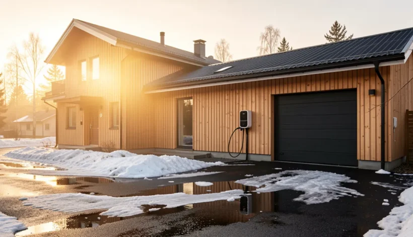 Modernin talon latausasema havainnollistaa, miten sähköauton lataus toimii kotona.