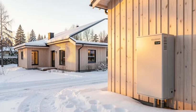 Poistoilmalämpöpumppu huolto ja kunnossapito kodin ulkoseinällä ensimmäisen lumen aikaan.