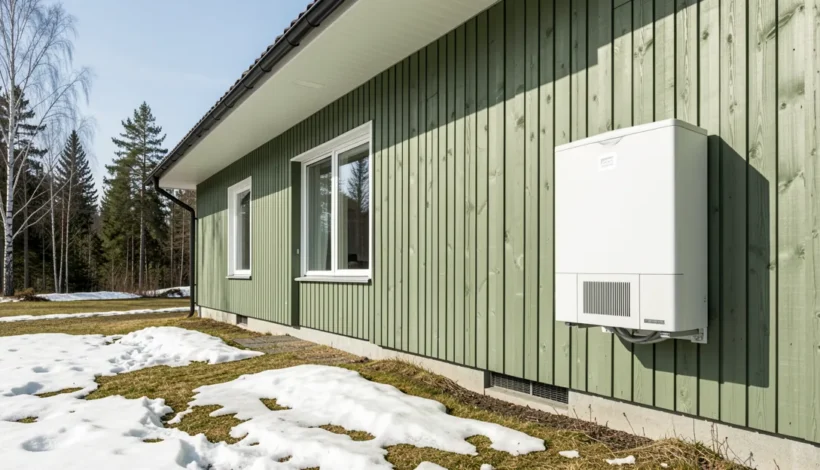 Moderni omakotitalo ja ilmalämpöpumppu kulutus huomioiden asennettuna kevään auringossa.