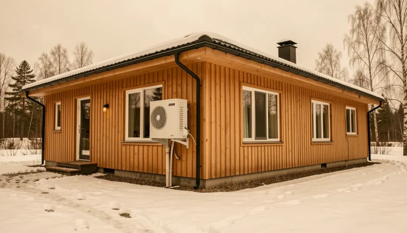 Moderni pientalo ja ilmalämpöpumppu kulutus tunnissa -aiheeseen liittyvä ulkoyksikkö.