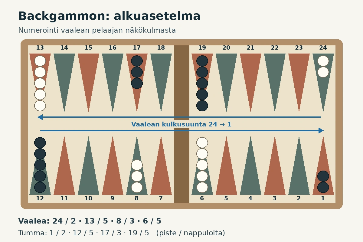Backgammonin alkuasetelma vaalean numeroinnilla: vaaleat 24/2, 13/5, 8/3 ja 6/5; tummat 1/2, 12/5, 17/3 ja 19/5.