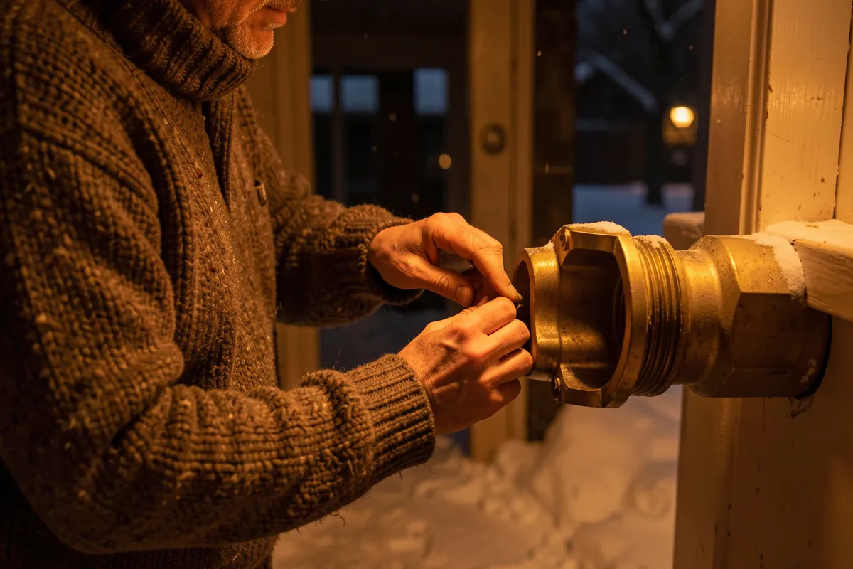 Henkilö tarkistamassa lämmitysputkiston liitoksia.