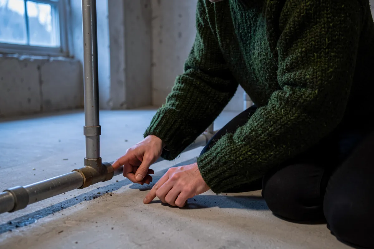 Omakotitalon asukas tarkastaa lämmönjakokeskuksen putkiliitoksia teknisessä tilassa.