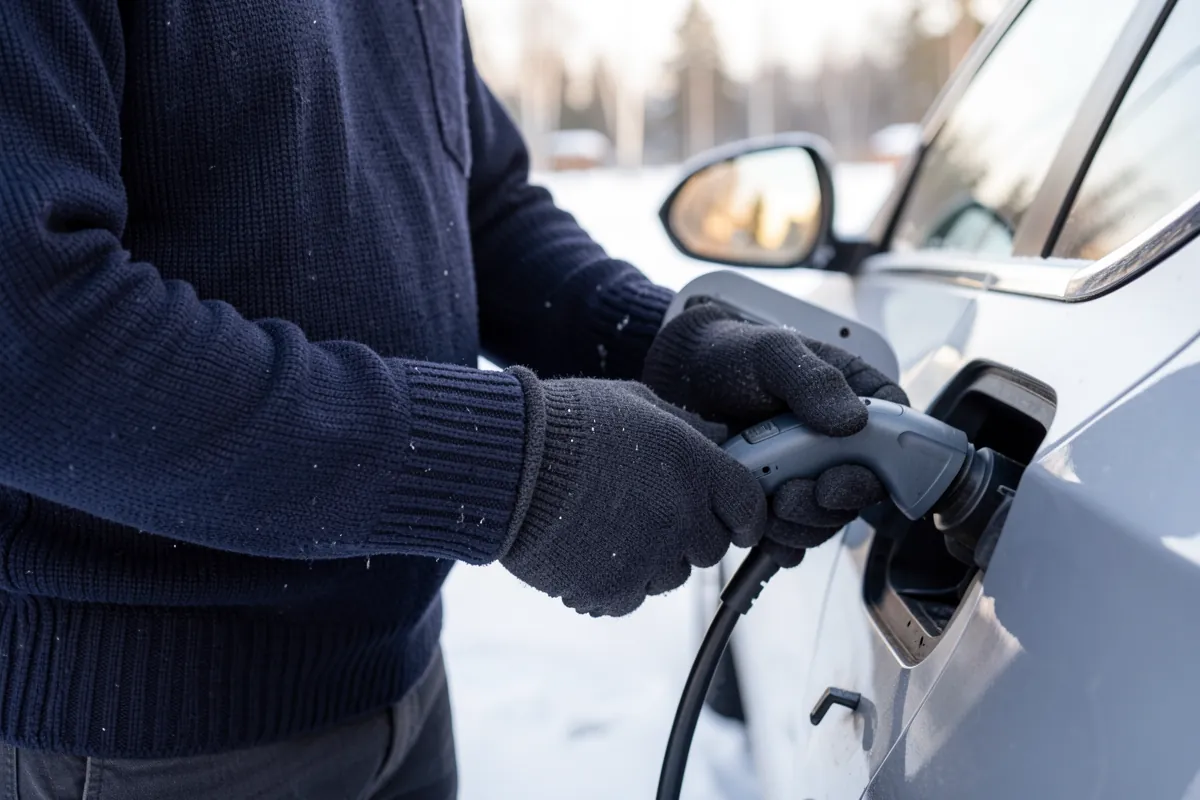 Henkilö kytkemässä sähköautoa lataukseen talvipäivänä.