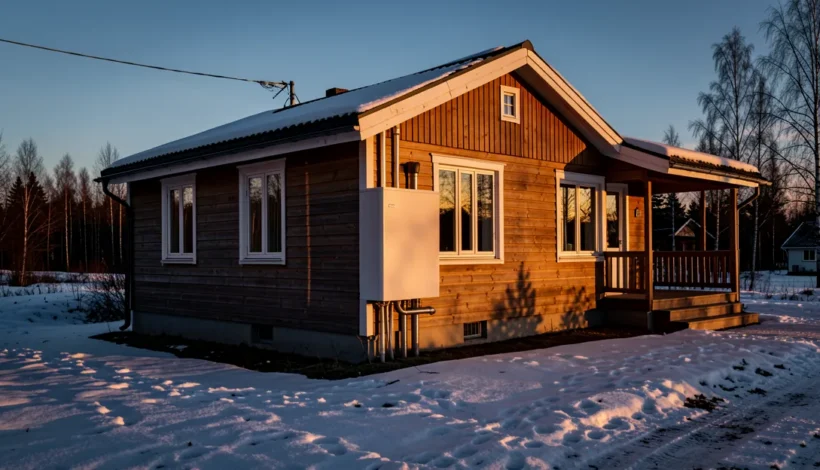 Moderni omakotitalo kevätillassa; sähkön kulutus laskuri auttaa ymmärtämään lämpöpumpun käyttöä.
