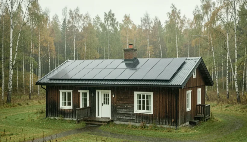 Aurinkosähkö mökille mitoitus - aurinkopaneelit mökin katolla sateisena syysaamuna.