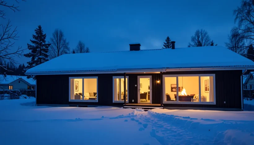 Miten varaava takka toimii suomalaisessa omakotitalossa talvisena sinisenä hetkenä.