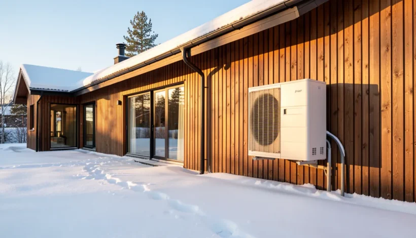 Mitsubishi ilmalämpöpumppu huolto lahti: ulkoyksikkö talvisella seinustalla.