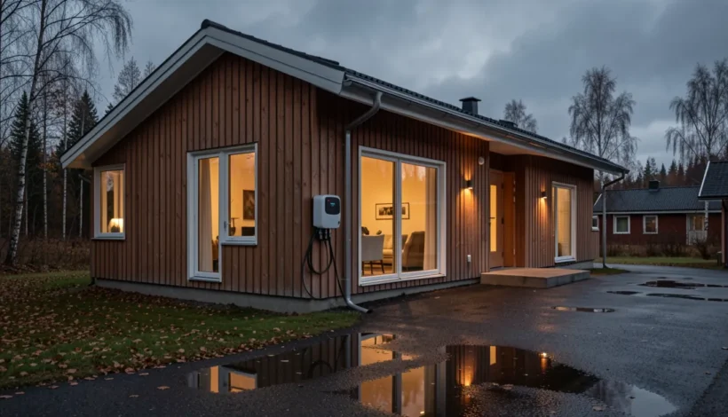Sähköauton latausasema asennus Oulu -kohteessa ulkoseinään asennettuna.
