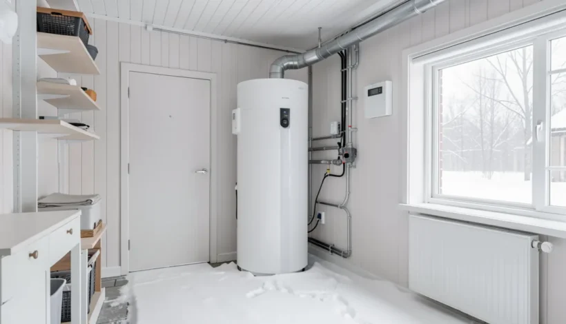 Nibe poistoilmalämpöpumppu huolto teknisessä tilassa ensilumen aikaan.