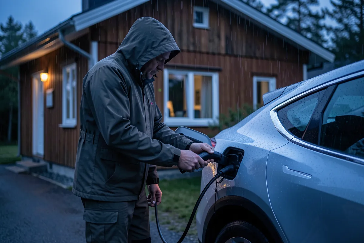 Henkilö tarkistaa sähköauton latauskaapelin kytkentää pihalla sateisena iltana.