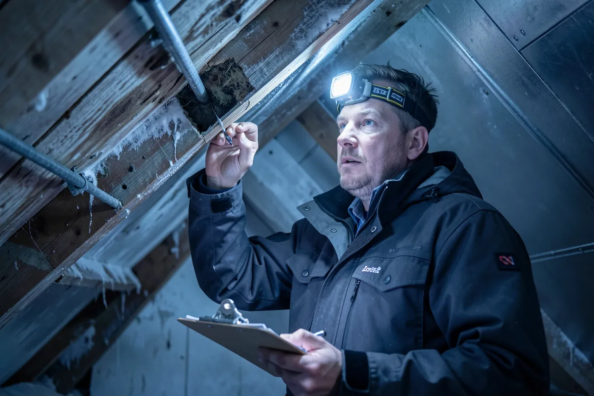 Rakennusalan ammattilainen tarkastamassa yläpohjan kuntoa ja tiiviyttä ullakolla.