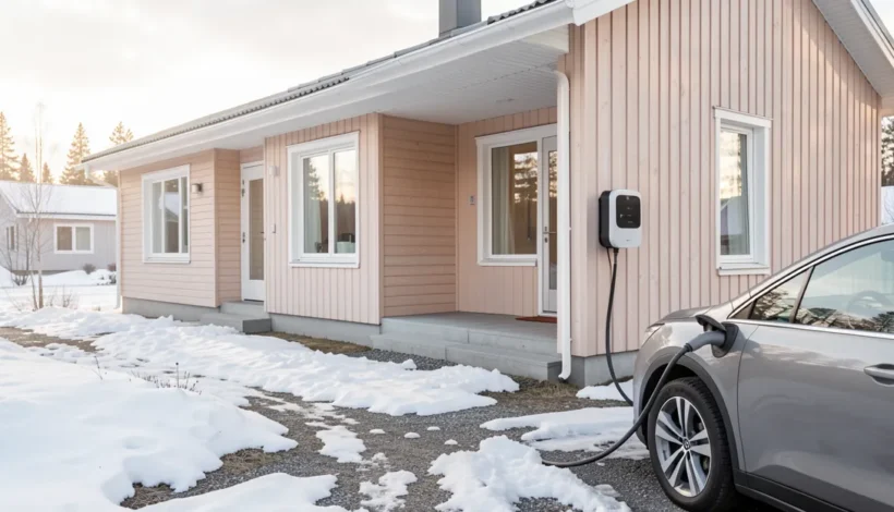 Miten kauan sähköauton lataus kestää – kotilatausasema omakotitalon seinässä keväällä.
