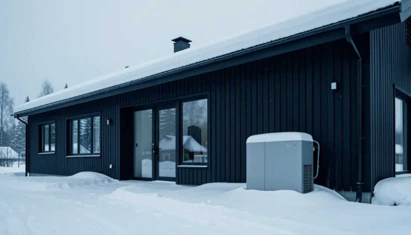 Maalämpöpumpun ulkoyksikkö lumisessa talvimaisemassa, taustalla maalämpöneste-järjestelmän kohde.