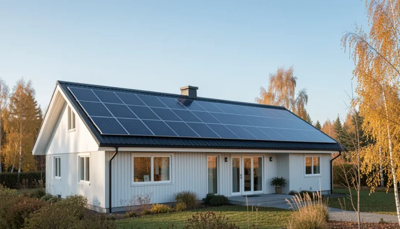 Omakotitalon katolle asennetut aurinkopaneelit syysaamuna; lisäeristys parantaa energiatehokkuutta.