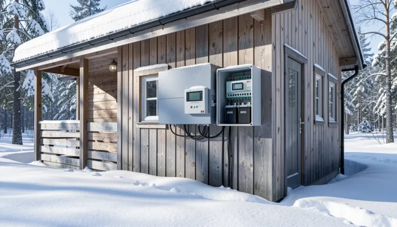 12v aurinkosähköjärjestelmän kytkentäkaavio havainnollistettuna mökin seinustalla.