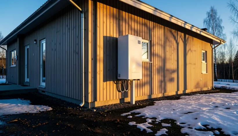 Omakotitalon seinustalle asennettu ilmavesilämpöpumppu monoblock kevätillassa.