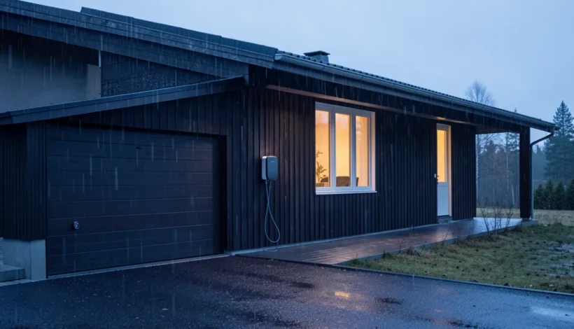 Moderni sähköauton latausasema kulutusmittarilla omakotitalon seinustalla hämärässä.