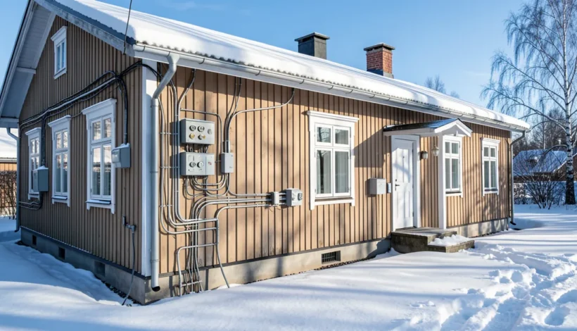 Omakotitalon ulkoseinä, jossa näkyy vanhat sähköjohtojen värit ja vanhaa asennustapaa.