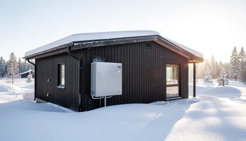 Aurinkopaneelit mökille hinta ja lämmitysjärjestelmä talvimaisemassa.