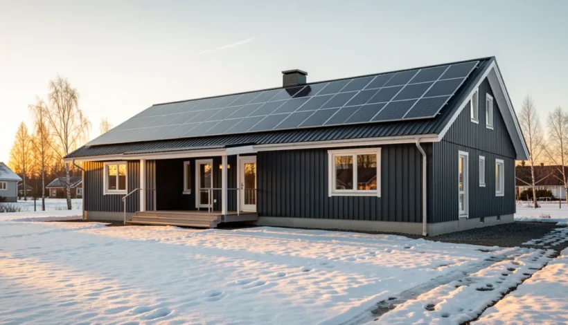 Omakotitalo ja aurinkopaneelit ilta-auringossa – käytä Motiva aurinkosähkö laskuria